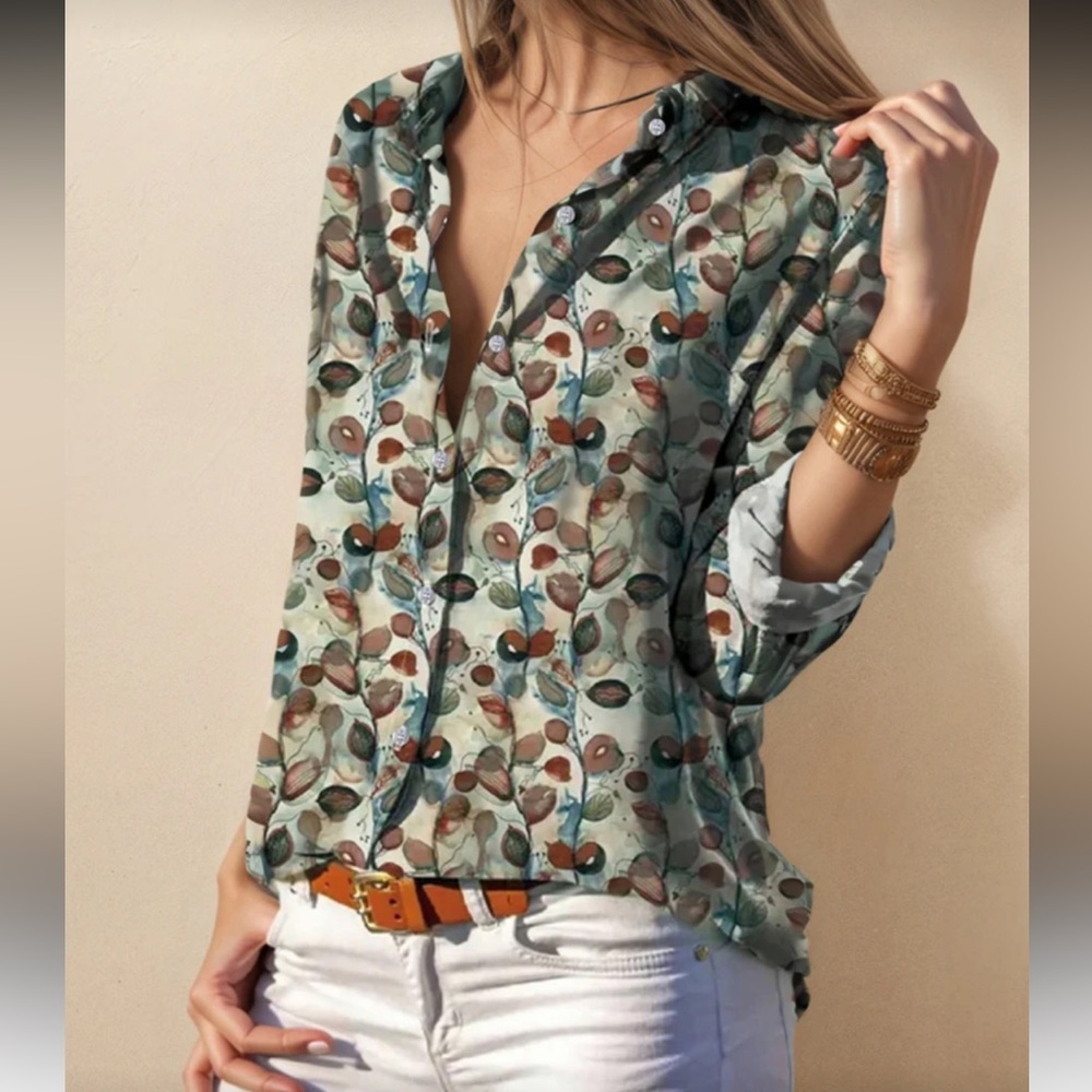 Boho Classic Printed Button-Up Long Sleeve Blouse Top Shirt Office - Picture 9 of 10